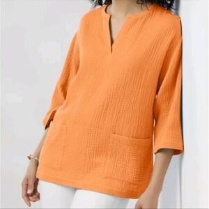 Soft Surroundings -1693 Orange Gauze Tunic‎ Top Two Pocket 3/4 Sleeve Medium